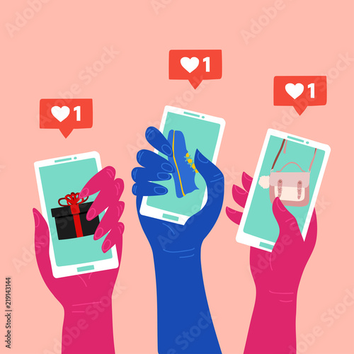 Social media marketing reaching potential customers. People hands holding smartphones with shop items on the screen.