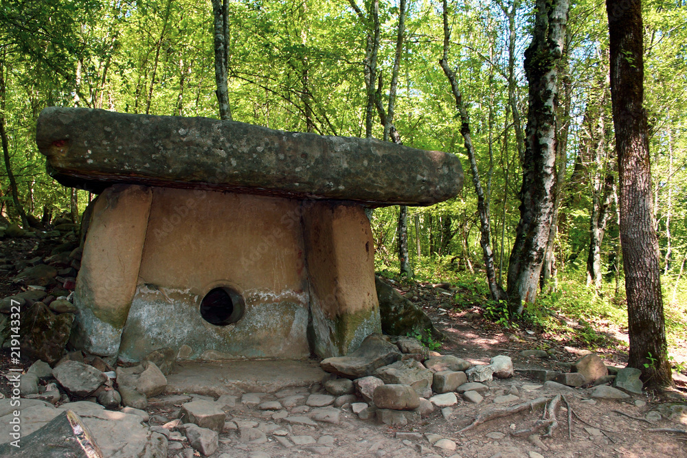 Ancient dolmen on the Pshada River. Artifacts, archeology, antiquity. Ancient culture, paganism. Ancient dolmen on the Pshada River. Artifacts, archeology, antiquity. Ancient culture, paganism.
