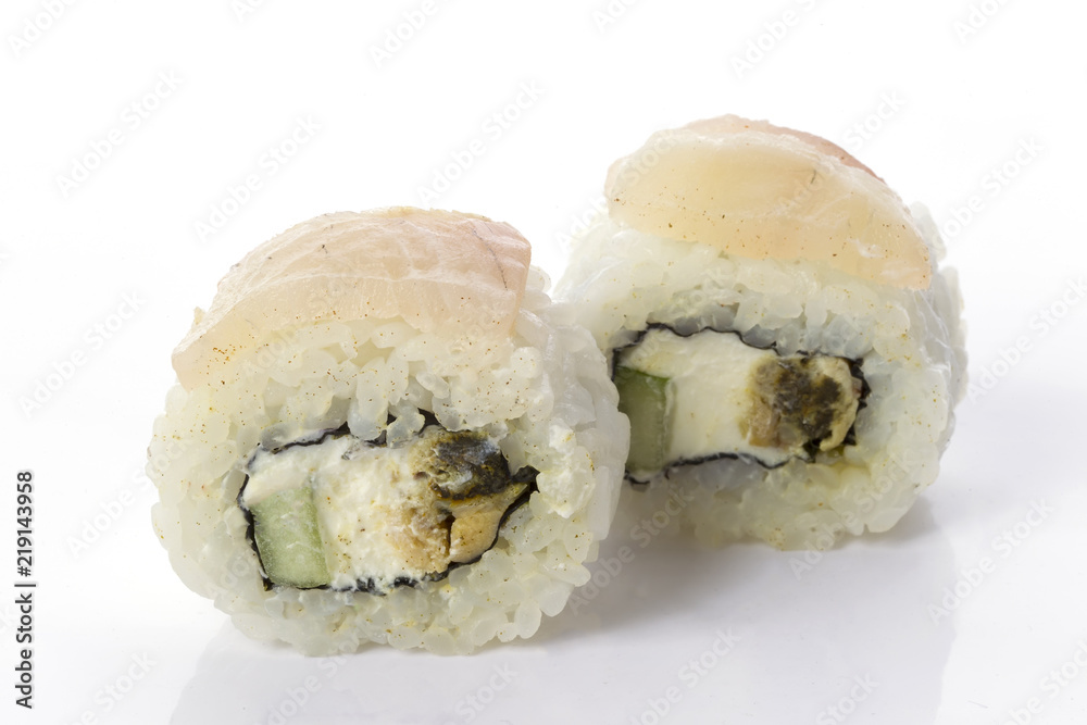 Two sushi with sesame seeds on white background closeup Two sushi with sesame seeds on white background closeup
