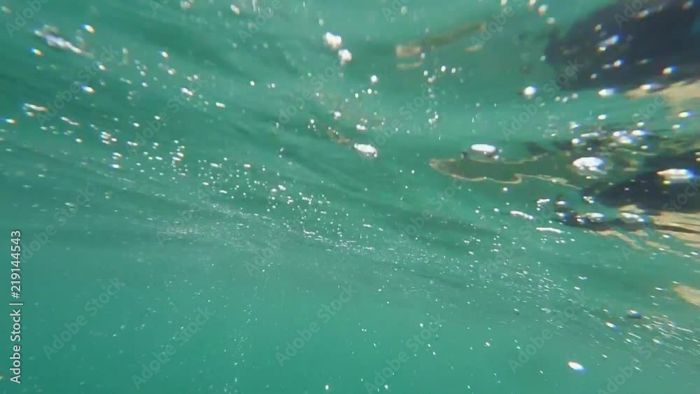 Underwater view of man swimming in the sea water Underwater view of man swimming in the sea water