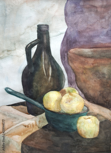 still life with fruit and glass bottle, watercolor
