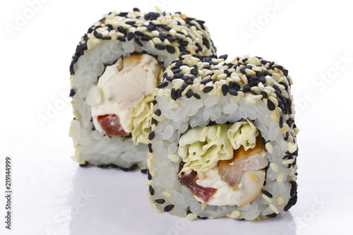 Sushi rolls japanese food isolated on white background.Menu of the Japanese restaurant. Traditional sushi rolls with a variety of stuffed sesame seeds