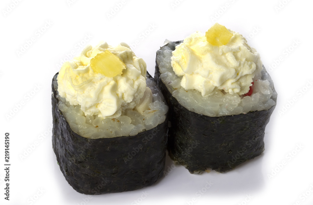 Sushi rolls japanese food isolated on white background.Menu of the Japanese restaurant. Two sushi with vegetables Philadelphia cheese pineapple close-up Sushi rolls japanese food isolated on white background.Menu of the Japanese restaurant. Two sushi with vegetables Philadelphia cheese pineapple close-up