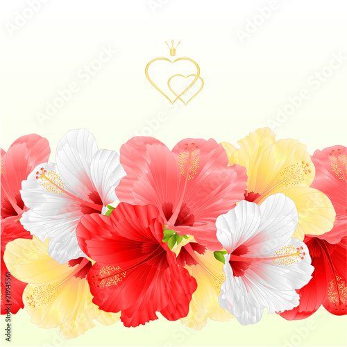 Floral border seamless background  flowers  various hibiscus  vintage hand draw vector Illustration for use in interior design,  dishes, greeting card,clothing