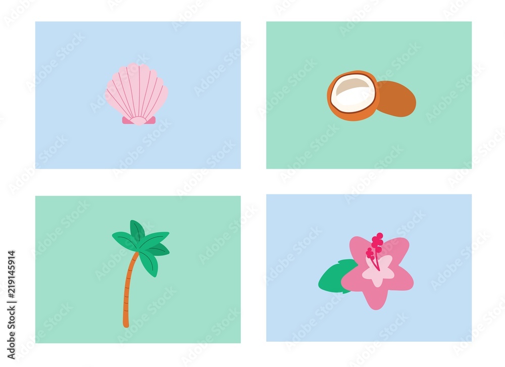 tropical beach icons such as seashell, hibiscus flower, coconuts