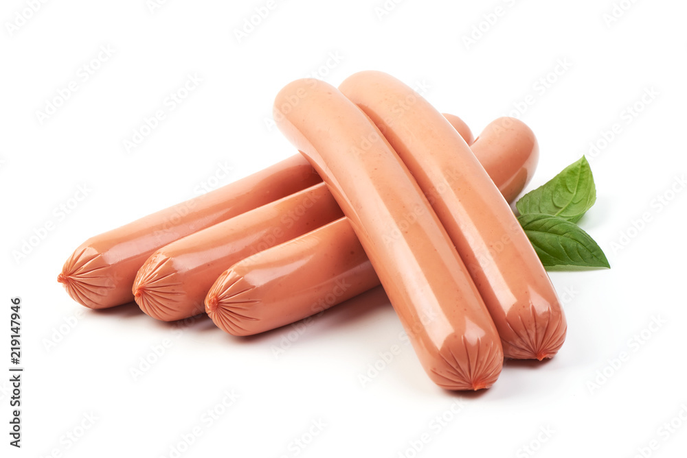 Boiled sausages with basil leaves isolated on white background Boiled sausages with basil leaves isolated on white background