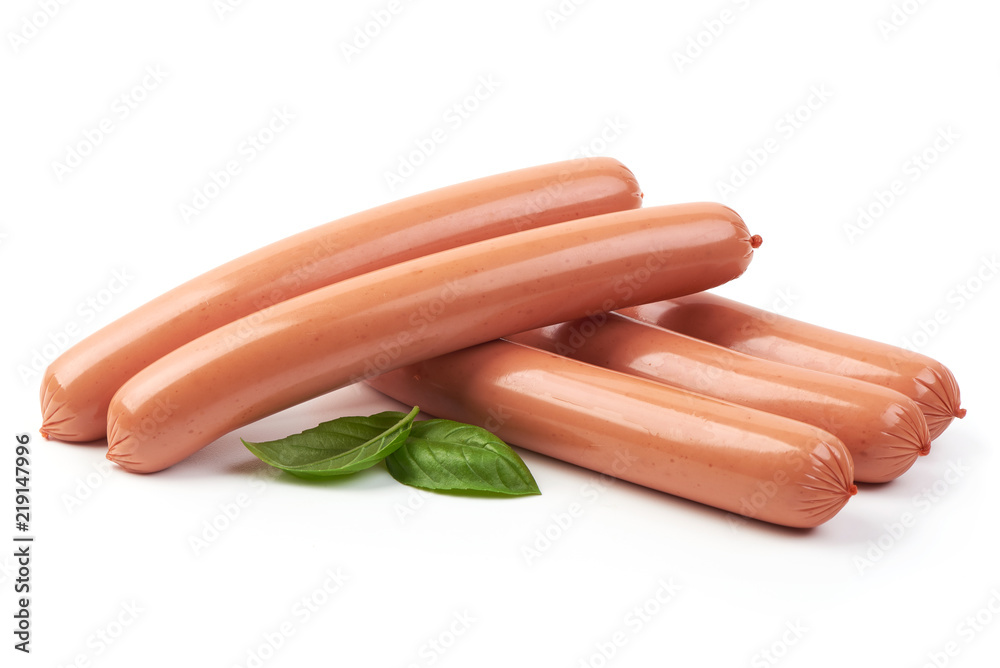Boiled sausages with basil leaves isolated on white background Boiled sausages with basil leaves isolated on white background