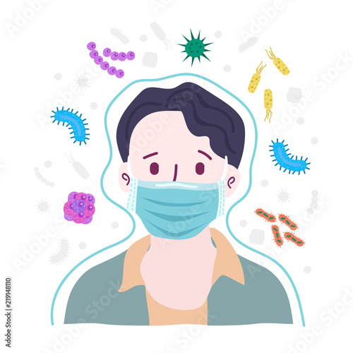 Boy wearing breath mask for protect something that cause virus, vector illustration.