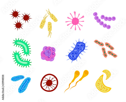 Various viruses, bacteria and germs icon set. Vector illustration of different types of microorganisms, microscopic viruses of various color and shape isolated on white background.