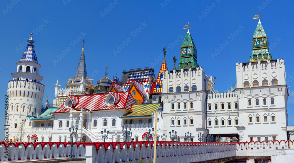 Izmailovo Kremlin in Moscow-Russian historical stone and wooden architecture with various beautiful traditional elements