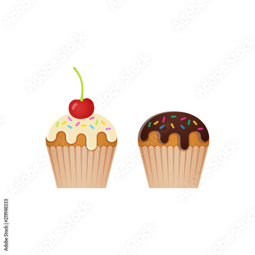 Cupcake  muffin icons. Vector illustration. Set desserts isolated on white background. Junk and sweet snacks in flat design. Unhealthy meal.