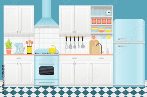 Kitchen retro interior with appliances, furniture. Vector. Vintage room with stove, cupboard, mixer, fridge and kettle in flat design. Cooking banner. Cartoon illustration.