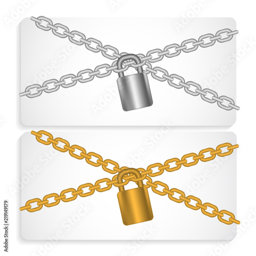 Padlock and chains vector set, strapped paper cards isolated on white. Symbol of arrested, suspended, prohibited information. Private account protection, restricted access. Silver and golden metals.