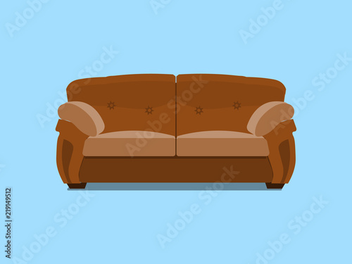 Brown leather chester sofa. Vector illustration. Comfortable lounge for interior design isolated on blue background. Modern model of settee icon.