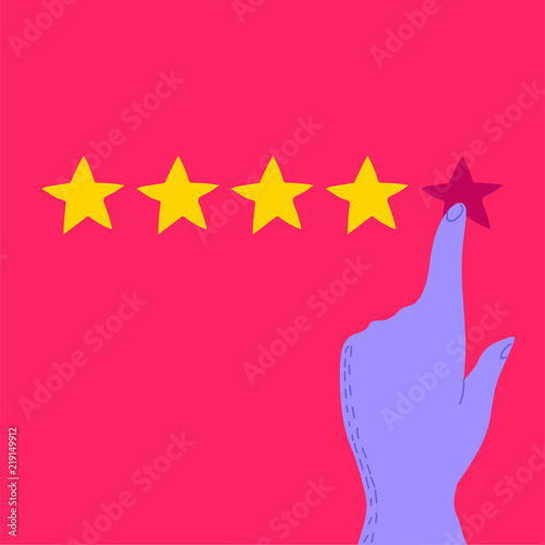 Vector cartoon funny illustration of Hand holding and pointing on star with five star on the background. Rating and review concept. Isolated object.