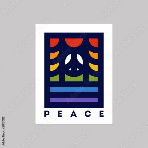 Minimalistic landscape with forest, lake and peace sign in colors of the rainbow