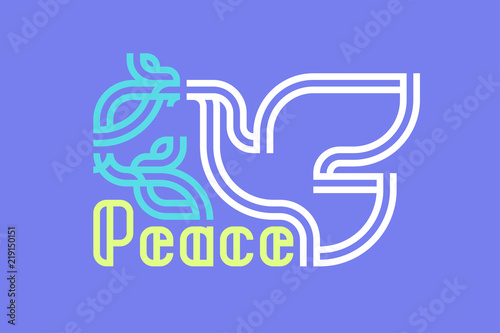 Peace day greeting card with retro lettering and dove holding olive branch