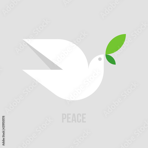 Peace dove. Flat style vector illustration of white pigeon with green leaves on gray background