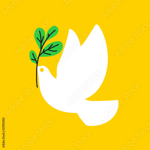 Peace dove. Flat style vector illustration of white pigeon with olive branch on yellow background