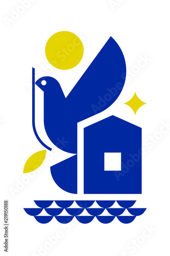 Peace day greeting card with flying dove and symbols of hope