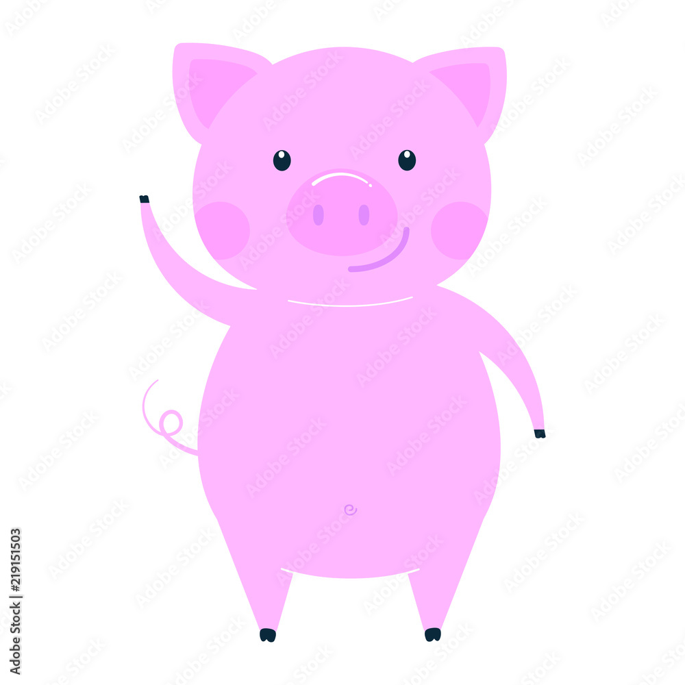 Cute funny pig character - symbol of the 2019 Chinese New Year. Flat style design vector illustration isolated on white background. Cheerful waving pink piglet piggy. Cute funny pig character - symbol of the 2019 Chinese New Year. Flat style design vector illustration isolated on white background. Cheerful waving pink piglet piggy.