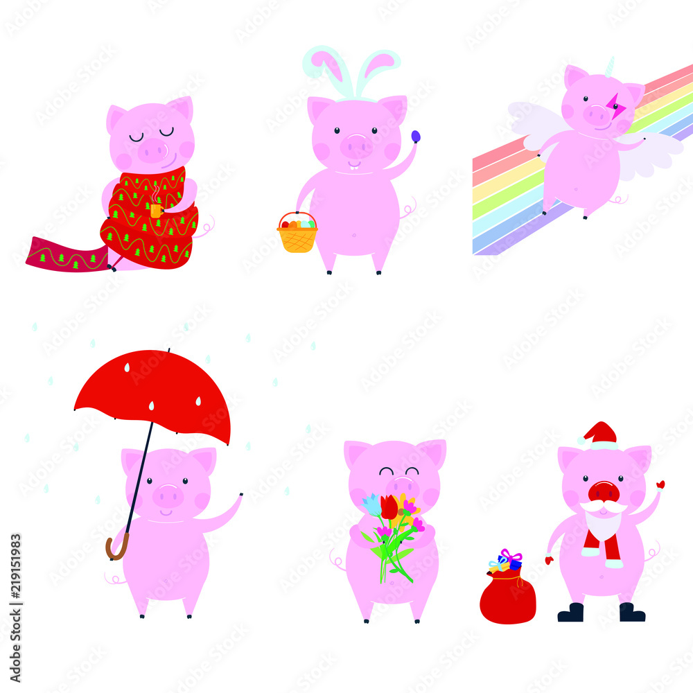 Obraz premium Cute funny pig character set - symbol of the 2019 Chinese New Year. Flat style design vector illustration isolated on white. Easter, unicorn, sleeping, santa, spring, under umbrella pink piglet piggy.