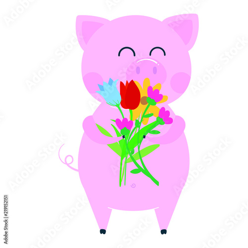Cute funny pig character - symbol of the 2019 Chinese New Year. Flat style design vector illustration isolated on white background. Cheerful piglet piggy sniff flowers.