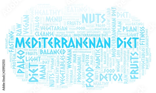 Word cloud with text Mediterranenan Diet on a white background. photo