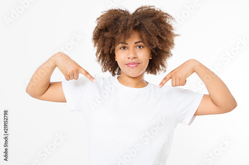 Summer t shirt design and people concept close up of young afro american woman in blank template white t-shirt. Mock up. Copy space. Curly hair. front view. photo