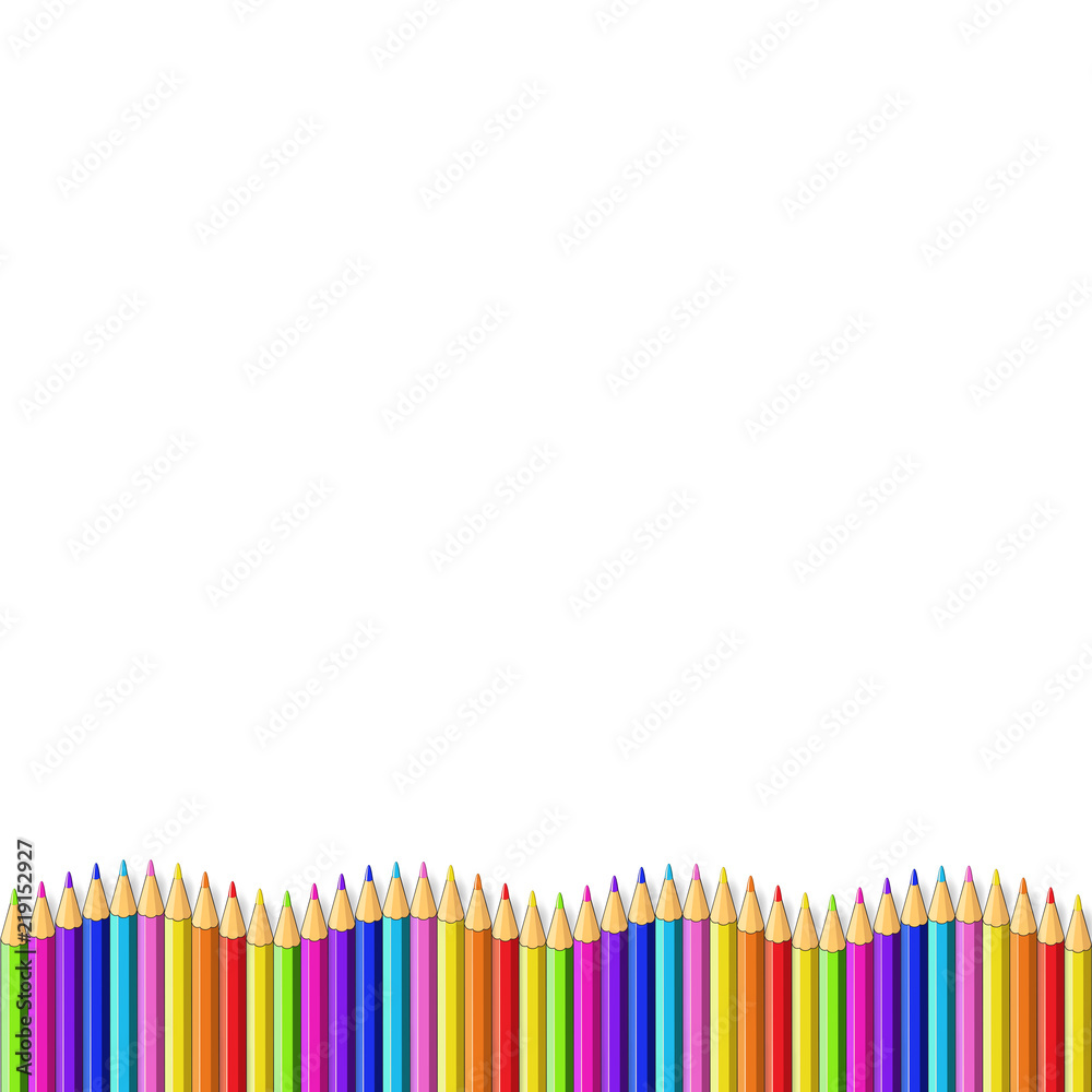 Colored pencils down line in shape of wave, border on white background