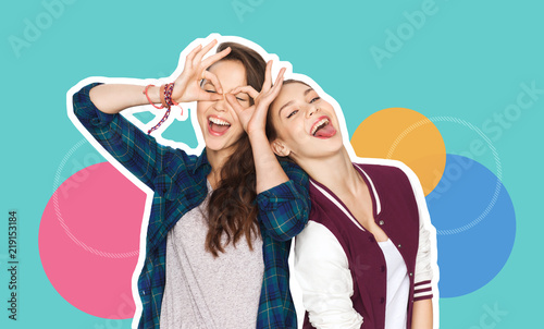 people, fashion and friendship concept -magazine style collage of happy teenage girls having fun and making faces over colorful background