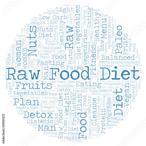 Word cloud with text Raw Food Diet in a circle shape on a white background. © sharafmaksumov