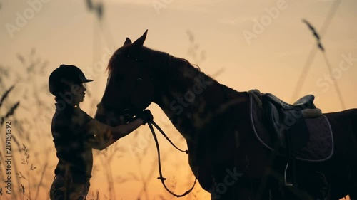 Human and animal love concept. A rider and a horse on a sunset background, side view.