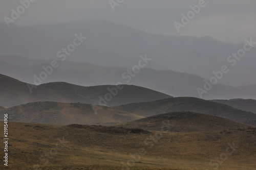 Silhouettes of foggy mountains, Abstract landscape, Haze in the hills, Kazakhstan