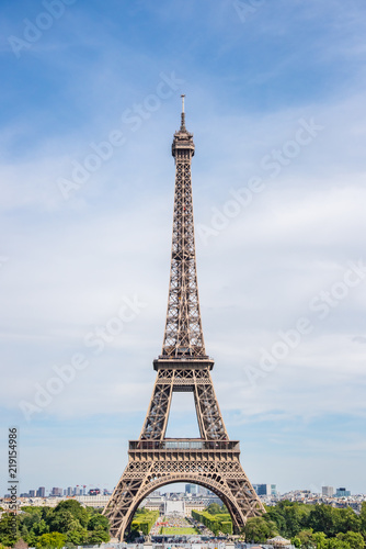 PARIS  France - JUNE 23  2018   the Eiffel Tower on Summer  2018 in Paris. Illuminated Eiffel tower is the most popular travel place and global cultural icon of the France and the world.