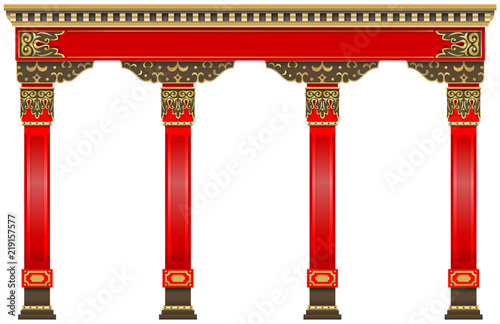 Eastern chinese arch. Carved red gold columns