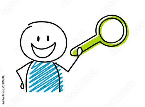 Magnifier icon with happy stickman. Vector.