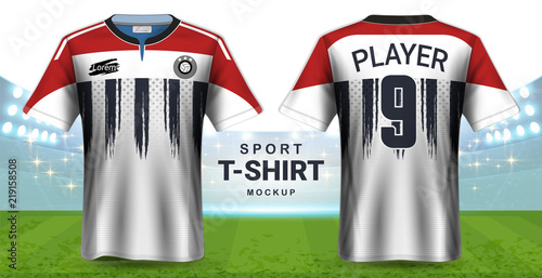 Soccer Jersey and Sportswear T-Shirt Mockup Template, Realistic Graphic Design Front and Back View for Football Kit Uniforms, Easy Possibility to Apply Your Artwork, Text, Image, Logo (Eps10 Vector)