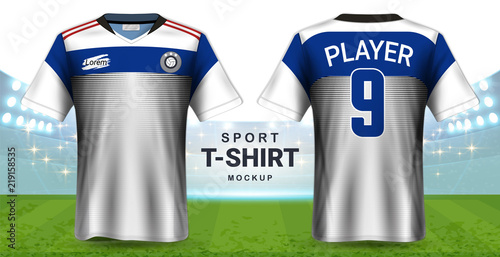Soccer Jersey and Sportswear T-Shirt Mockup Template, Realistic Graphic Design Front and Back View for Football Kit Uniforms, Easy Possibility to Apply Your Artwork, Text, Image, Logo (Eps10 Vector)