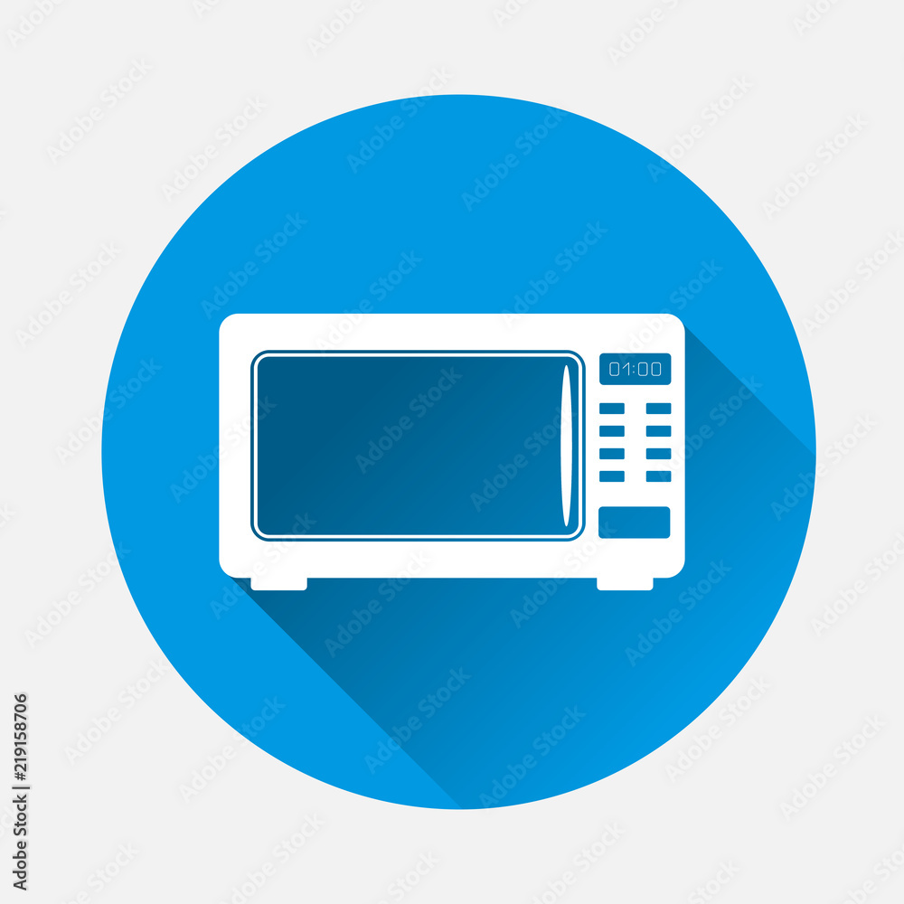 Vector icon of of black microwave oven on blue background. Flat image home appliances with long shadow. Layers grouped for easy editing illustration. For your design. Vector icon of of black microwave oven on blue background. Flat image home appliances with long shadow. Layers grouped for easy editing illustration. For your design.