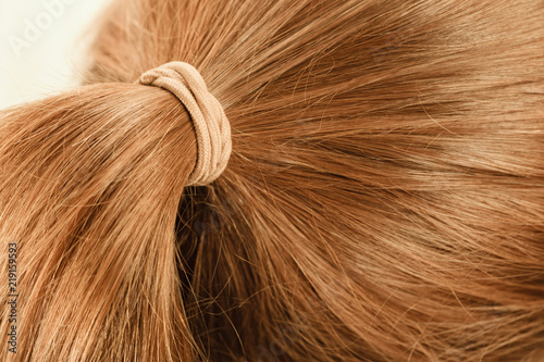 Detailed closeup of brown hair in ponytail