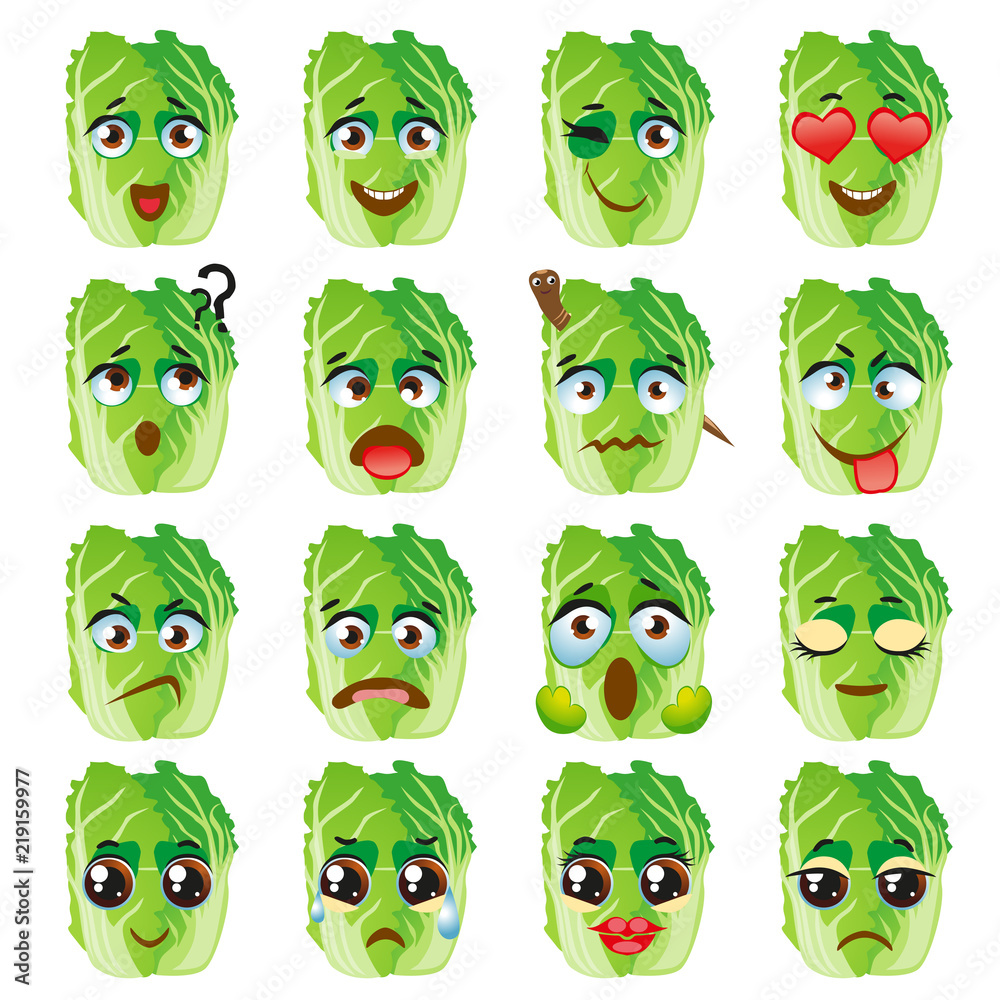Chinese cabbage Emoji Emoticon Expression. Funny cute food Stock Vector