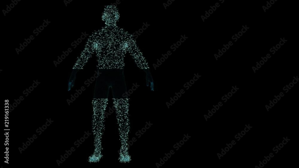 Rendered animation of a holo plexus human body consisting of particles rotating a full revolution in Z axis with mask attached Rendered animation of a holo plexus human body consisting of particles rotating a full revolution in Z axis with mask attached