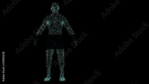 Rendered animation of a holo plexus human body consisting of particles rotating a full revolution in Z axis with mask attached photo