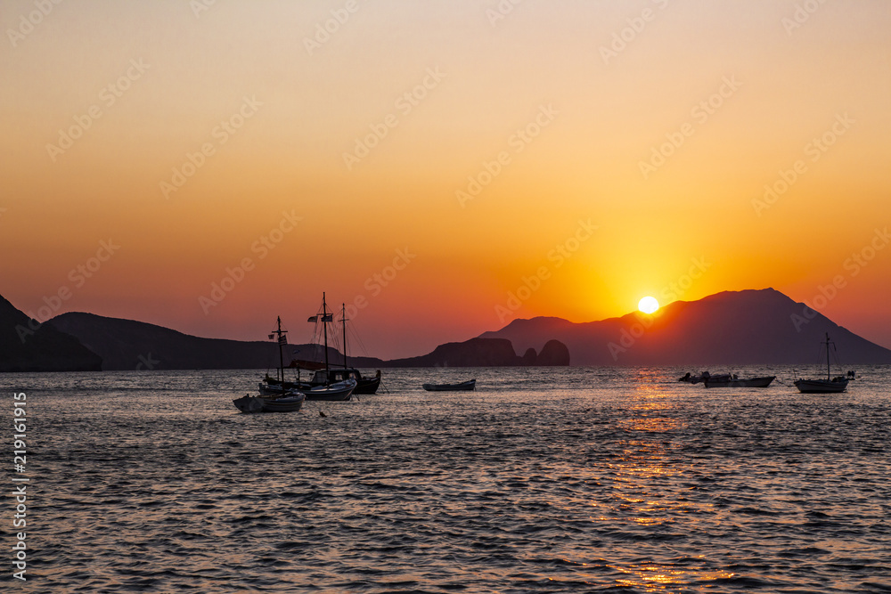 Amazing sunset  on a greek island. Beautiful dusk.