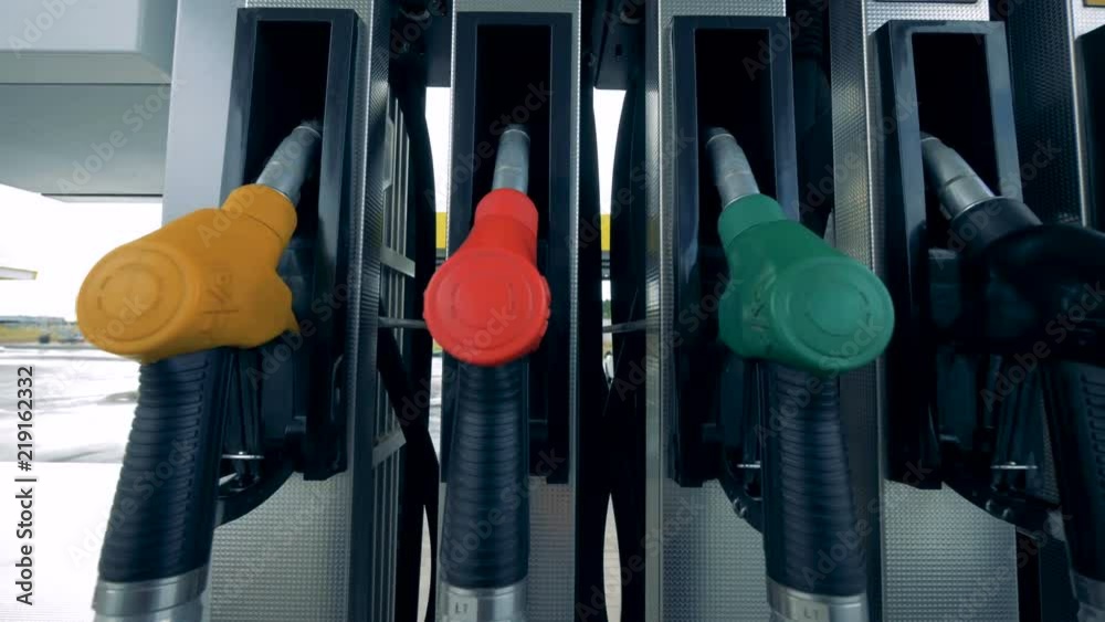 Fuel nose units, close up. Pumps at unbranded gas station.