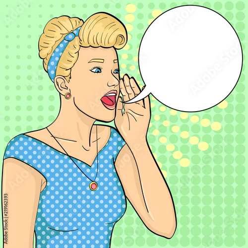 Pop art background. Retro girl screaming, gramophone. Vector text bubble