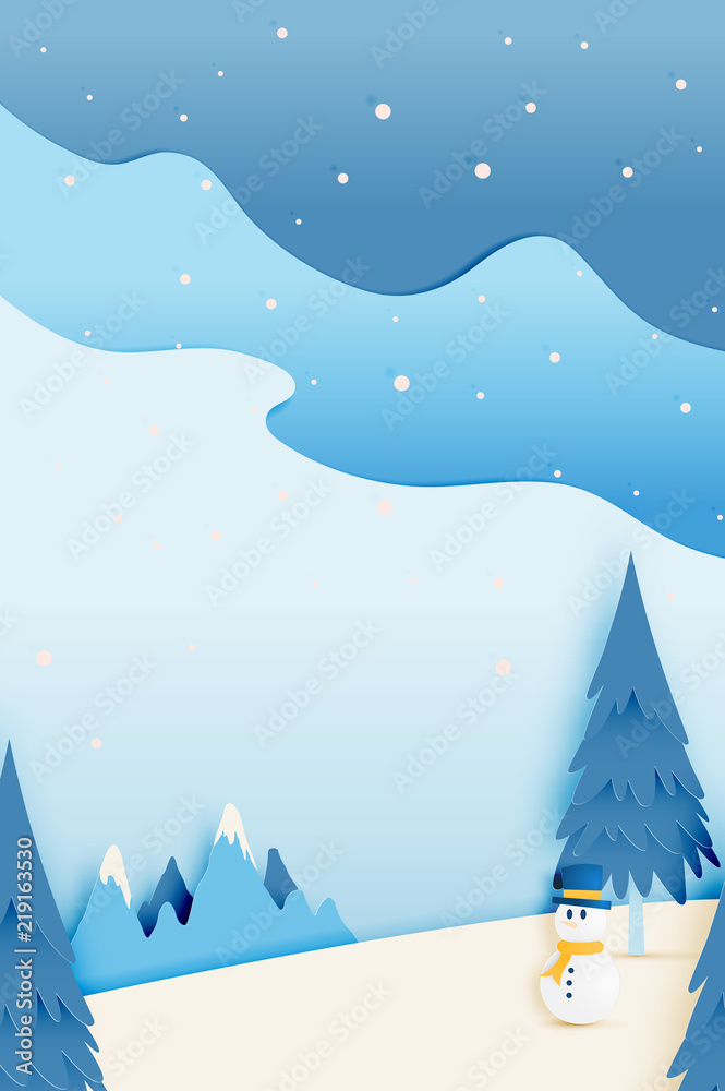 Snowman and Winter landscape with paper art style and pastel color scheme