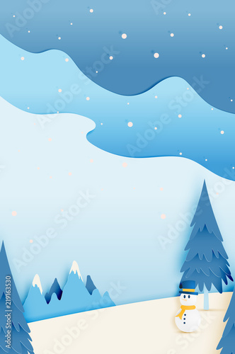 Snowman and Winter landscape with paper art style and pastel color scheme