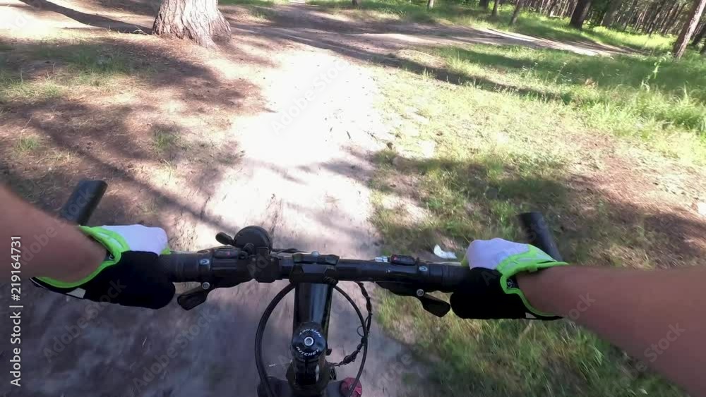 MTB bike riding on enduro mountain track trail in autumn forest. Mountain biking downhill in woods. View from first person persp MTB bike riding on enduro mountain track trail in autumn forest. Mountain biking downhill in woods. View from first person persp